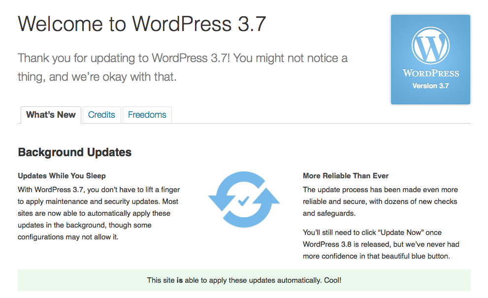 WordPress 3.7 Update Screen
