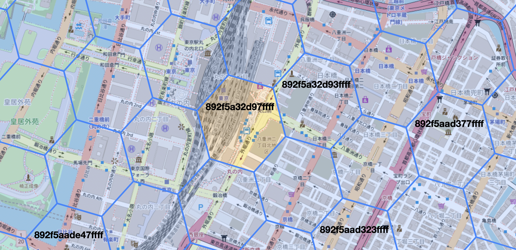 A screenshot of a highlighted H3 resolution 9 hexagon encompassing a portion of Tokyo Station